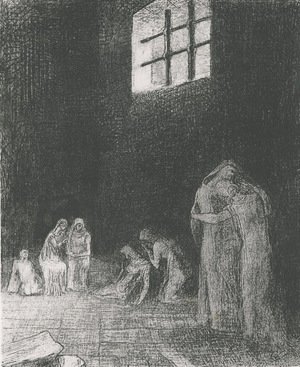 In the shadow people are weeping and praying, surrounded by others who are exhorting them (plate 6)