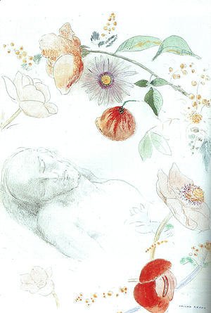 Odilon Redon - Bust Of A Man Asleep Amid Flowers