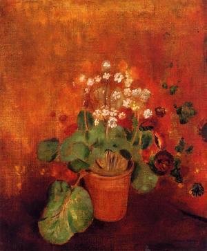 Odilon Redon - Flowers In A Port On A Red Background