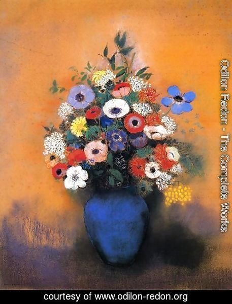 Odilon Redon - Minosas  Anemonies And Leaves In A Blue Vase