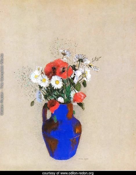 Poppies And Daisies In A Blue Vase