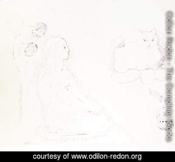 Odilon Redon - Jeune fille avec chat et fleurs