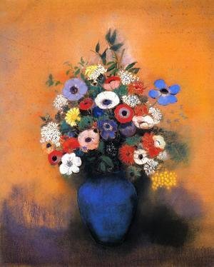 Odilon Redon - Minosas  Anemonies And Leaves In A Blue Vase